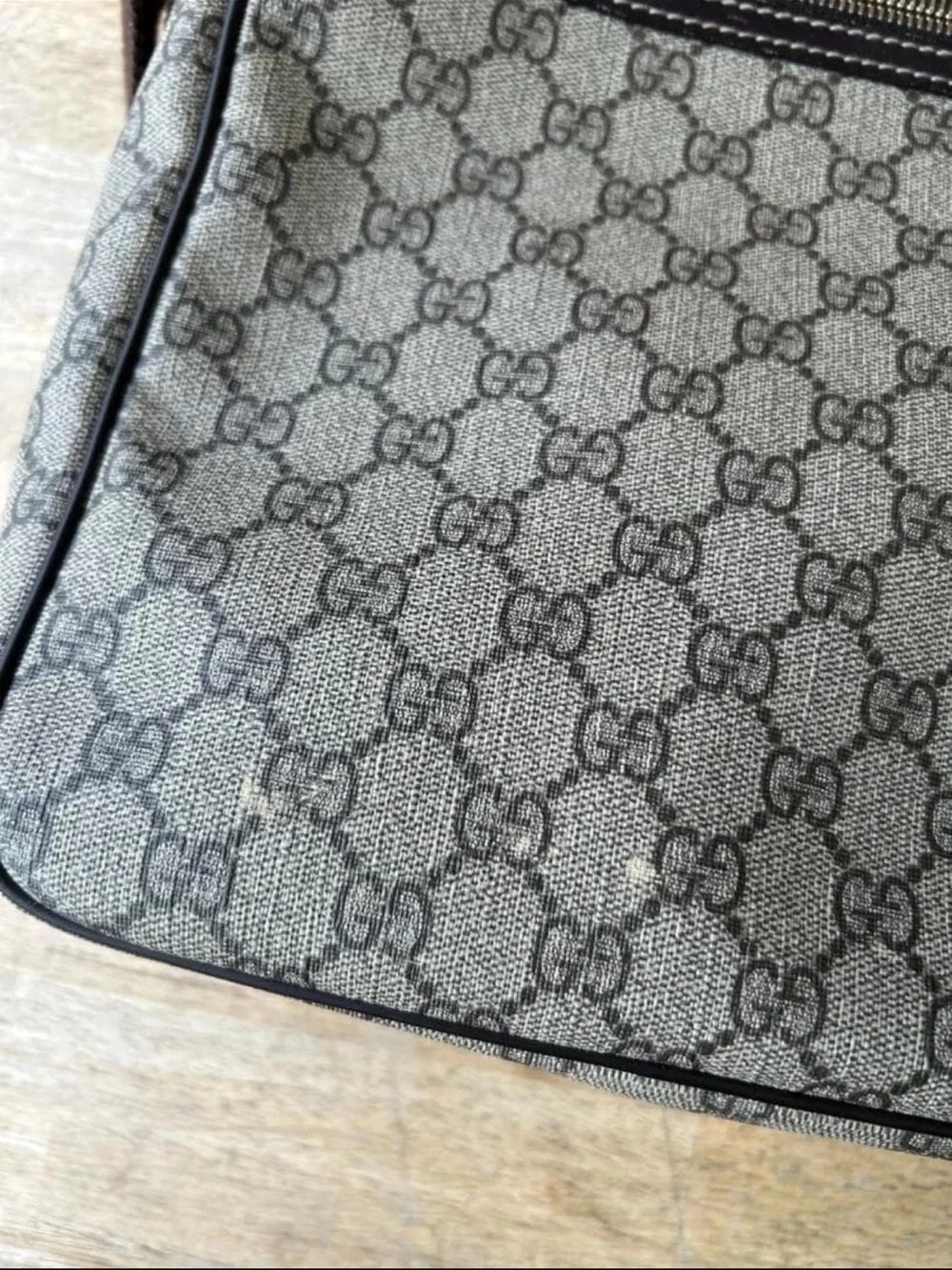 Gucci Gray GG Supreme Messenger Bag with Brown Trim